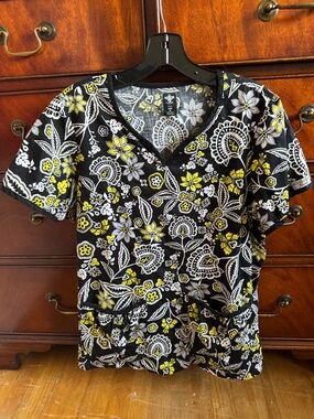 Med Couture women's scrub top a vibrant yellow, white, gray floral and paisley